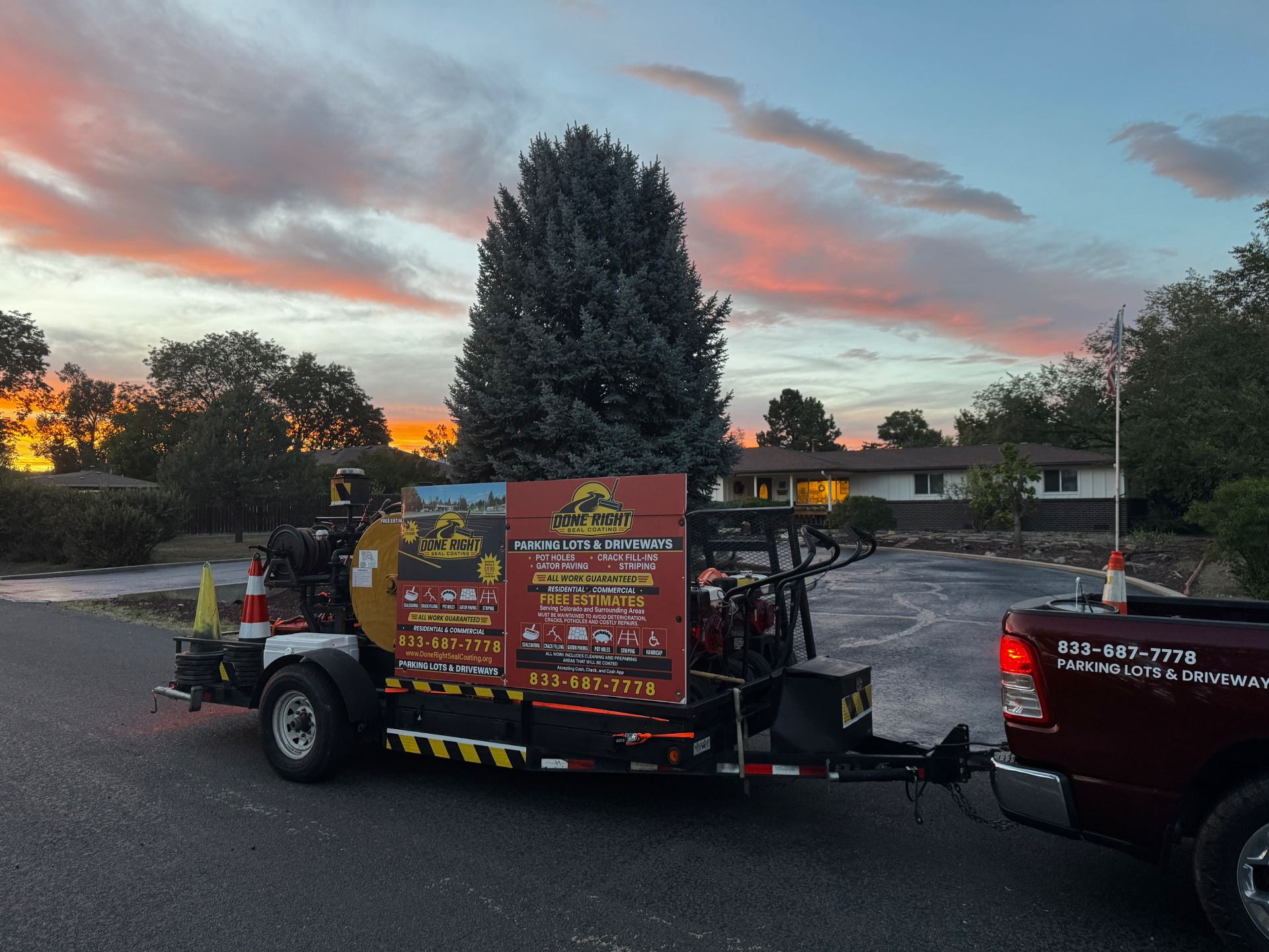 Done Right Seal Coating truck and equipment trailer ready for the next job