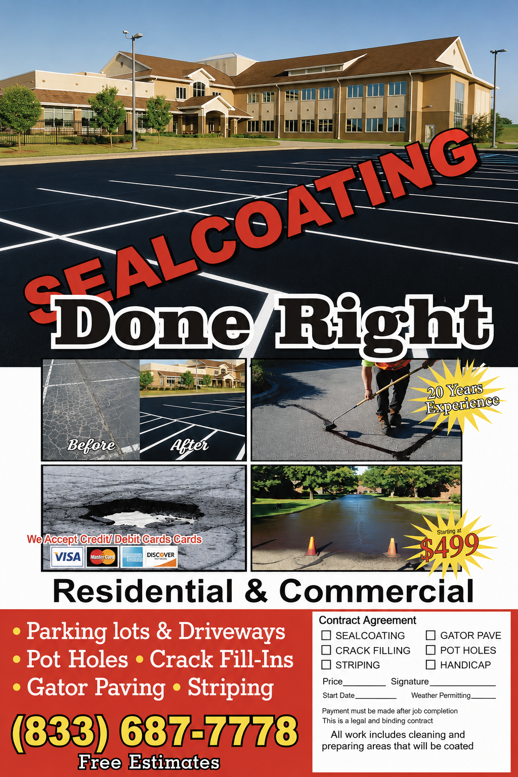 Sealcoating Done Right promotional flyer showing before and after pavement work