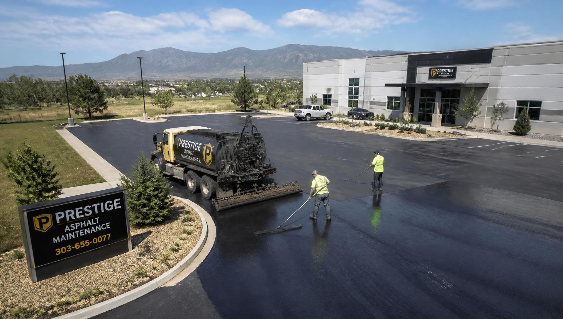 Professional asphalt sealcoating on a commercial parking lot